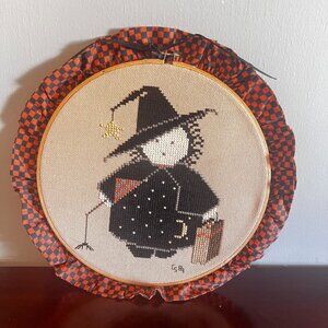 Halloween Handmade Witch Cross-Stitch Wall Art  Ruffled Fabric Frame  Decor Gift